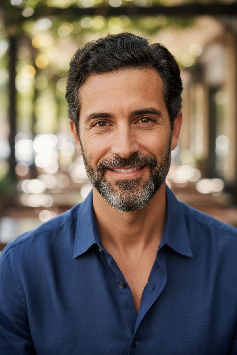handsome 40-year-old man wearing a button-down shirt with dark hair, brown eyes, slender face, nice warm smile, some well-groomed facial hair